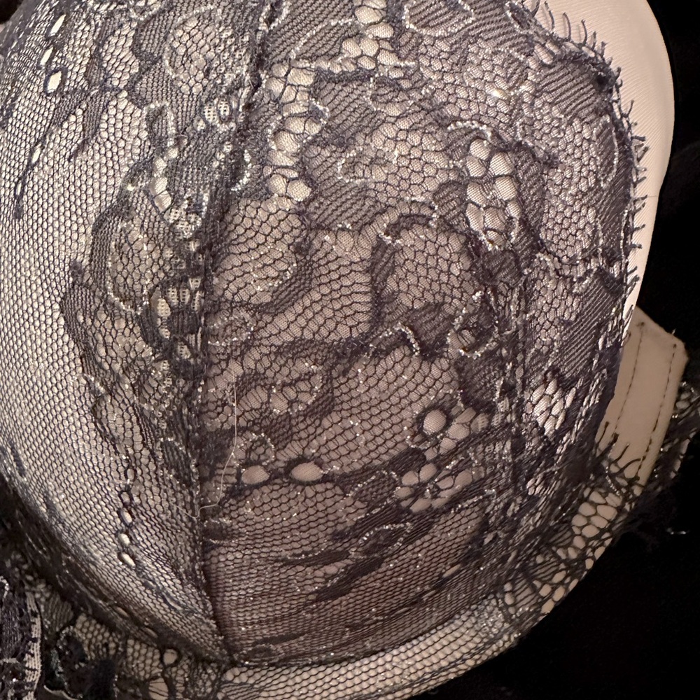 Black lace w/ silver thread overlay on beige VS bra